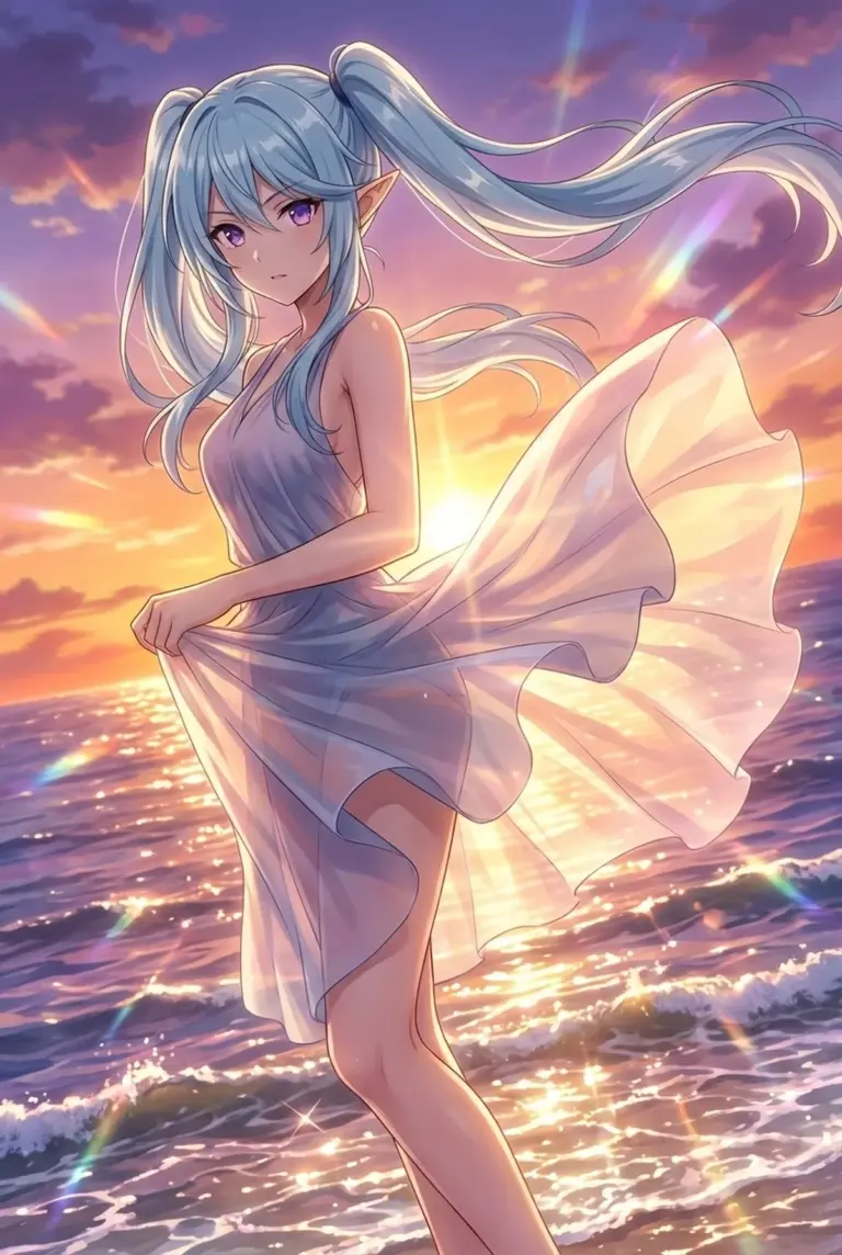 【イプシロン】夏の夕暮れ、海辺の幻想的なドレス姿