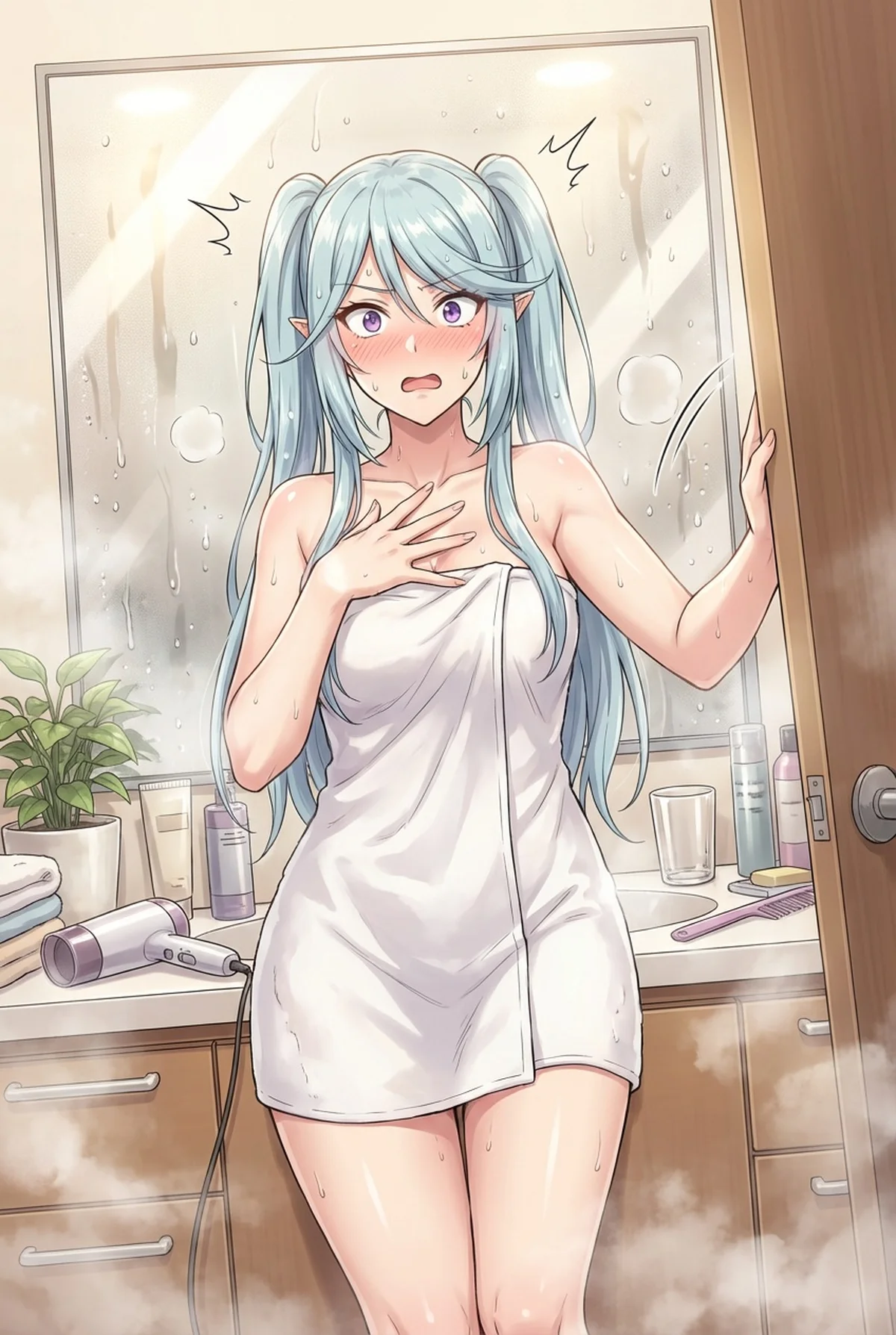 「陰の実力者になりたくて!」のイプシロンが、お風呂上がりのタオル姿で登場！湯気が立ち込めるバスルームで、何かハプニングがあったのか焦った表情を見せています。その可愛らしい姿にドキッとすること間違いなし！