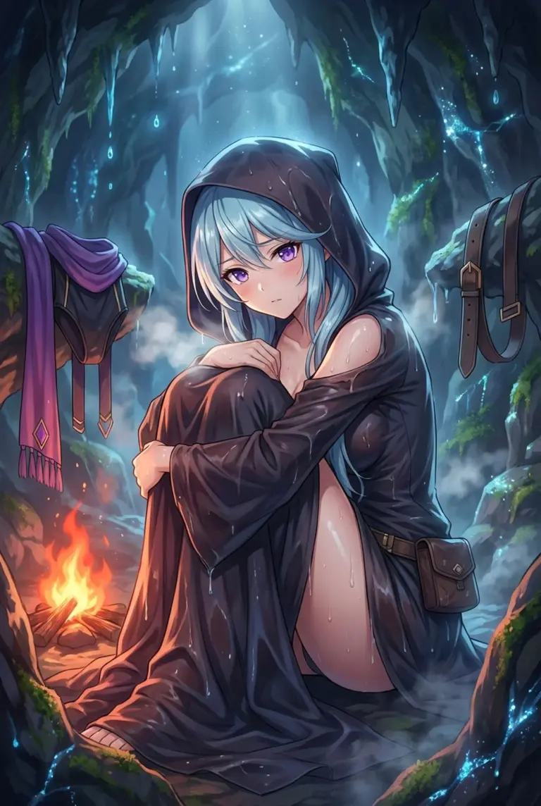 【イプシロン】洞窟で焚き火にあたる濡れた姿