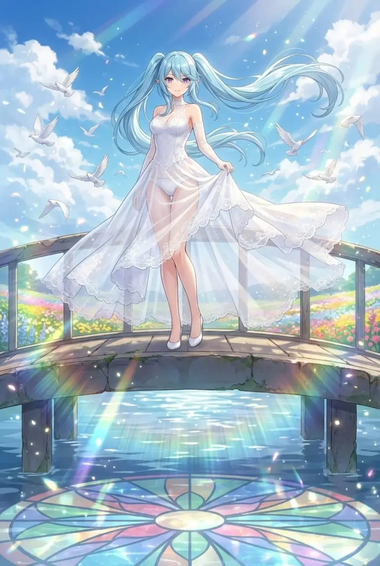 【イプシロン】純白ドレスと白い鳩、花咲く橋の上の女神
