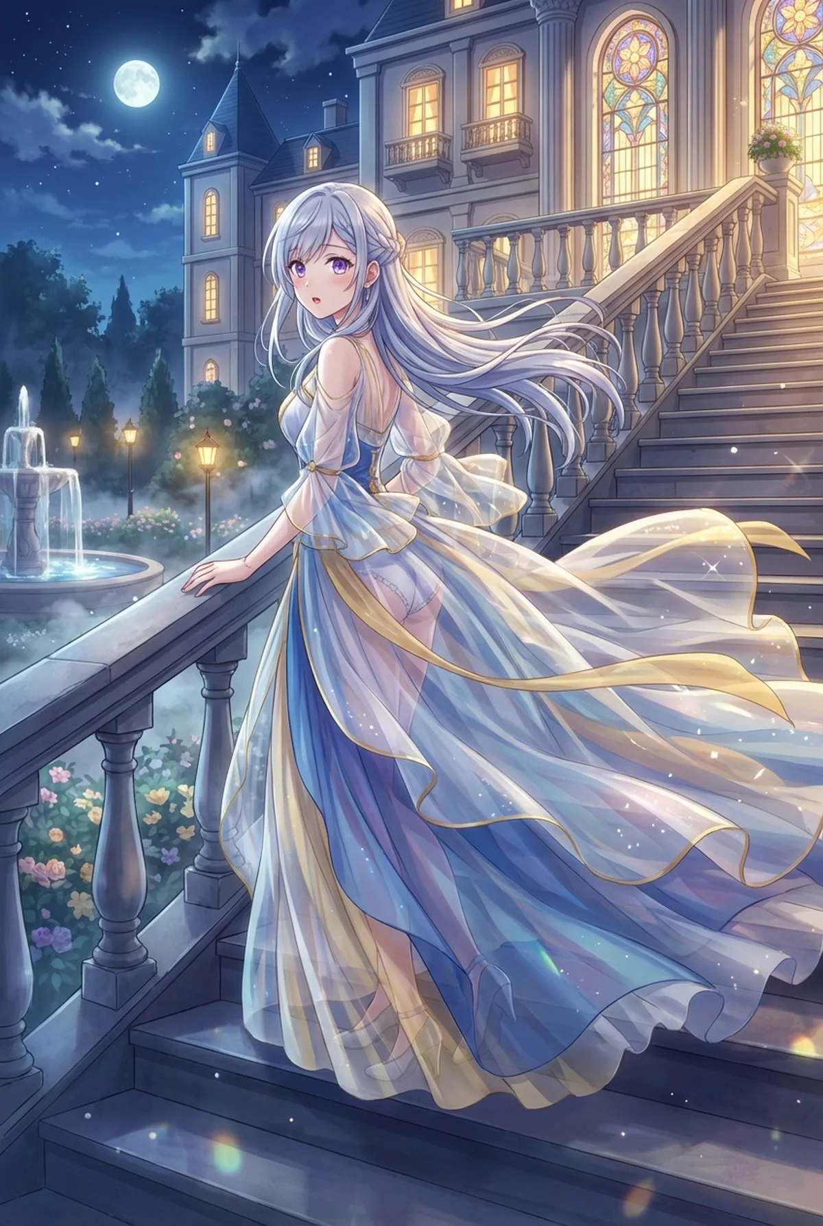 「転生王女と天才令嬢の魔法革命」のユフィリアが、夜の洋館の階段を優雅に降りる姿。風になびく美しいドレスと満月、ライトアップされた噴水が幻想的な雰囲気を醸し出し、見る者を魅了します。