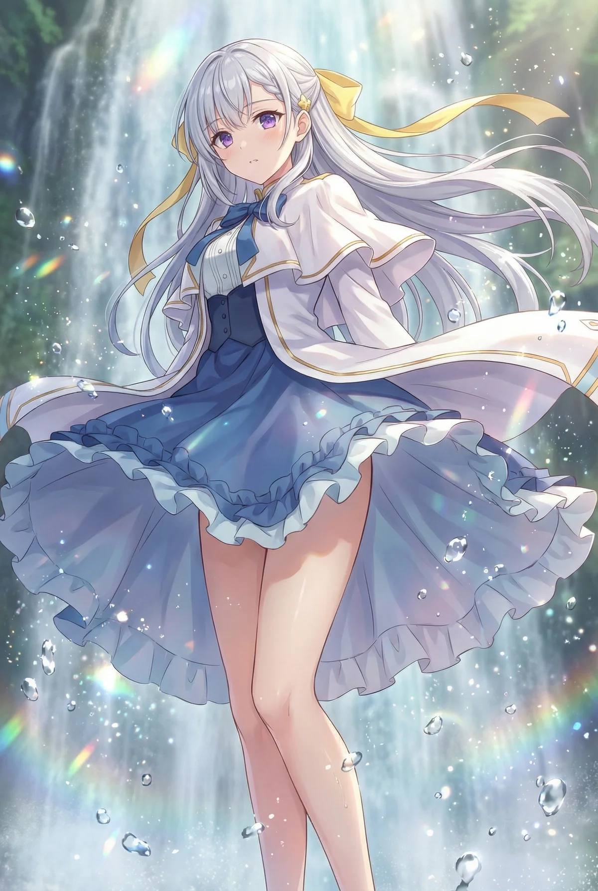 「転生王女と天才令嬢の魔法革命」のユフィリアが、神秘的な滝の前に佇む美しい一枚。舞い上がる水しぶきと虹色の光が、彼女の可憐な姿を幻想的に彩ります。青いドレスと白いケープが、清涼感を際立たせます。