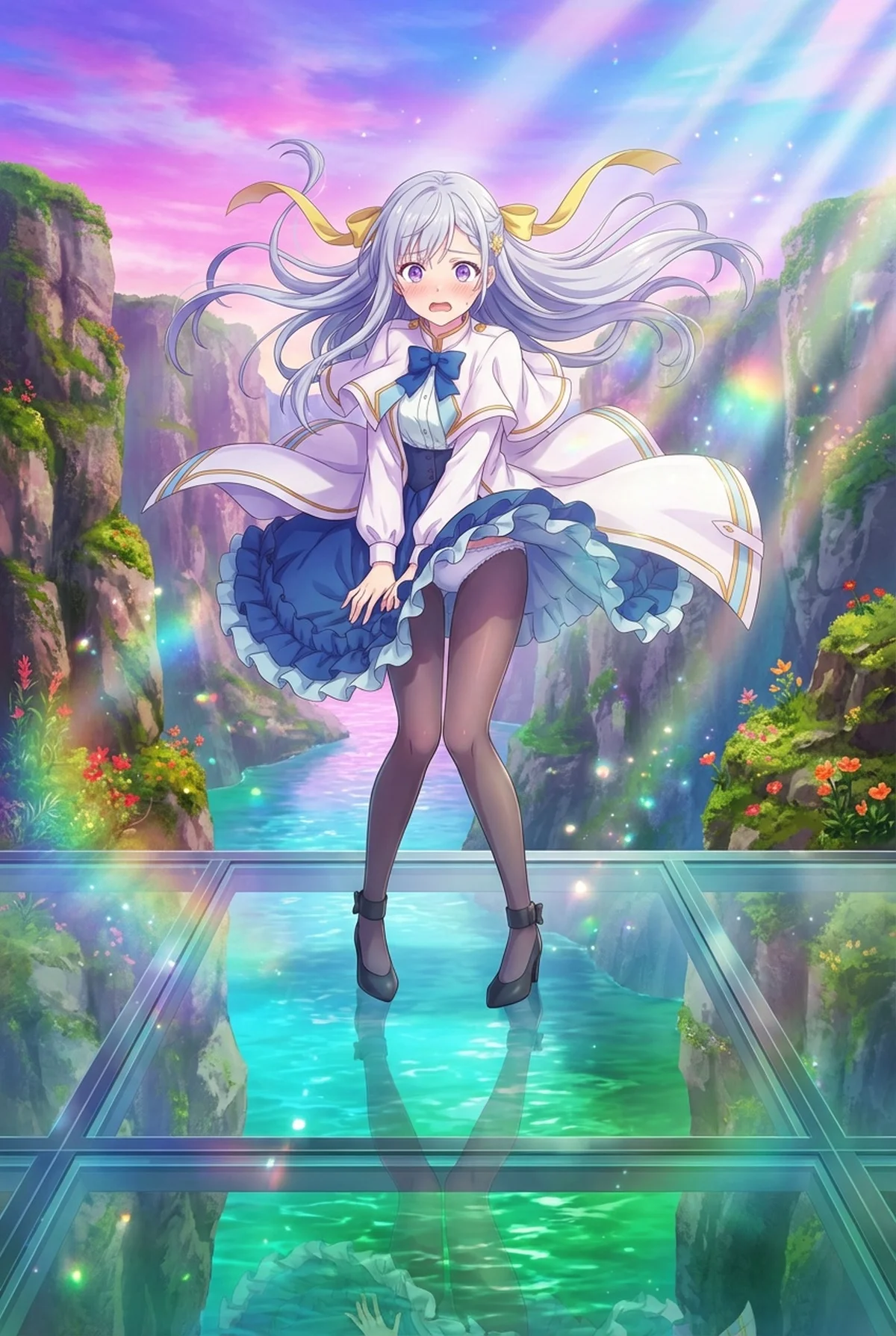 「転生王女と天才令嬢の魔法革命」のユフィリアが、風にスカートを煽られ戸惑う姿。七色の光が降り注ぐ幻想的な空中庭園で、頬を染める表情が可愛らしい。