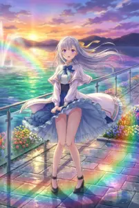 【ユフィリア・マゼンタ】幻想的な夕焼けと虹、風に揺れるスカート
