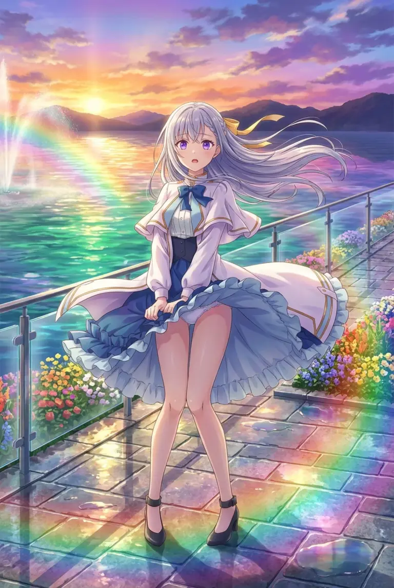 【ユフィリア・マゼンタ】幻想的な夕焼けと虹、風に揺れるスカート