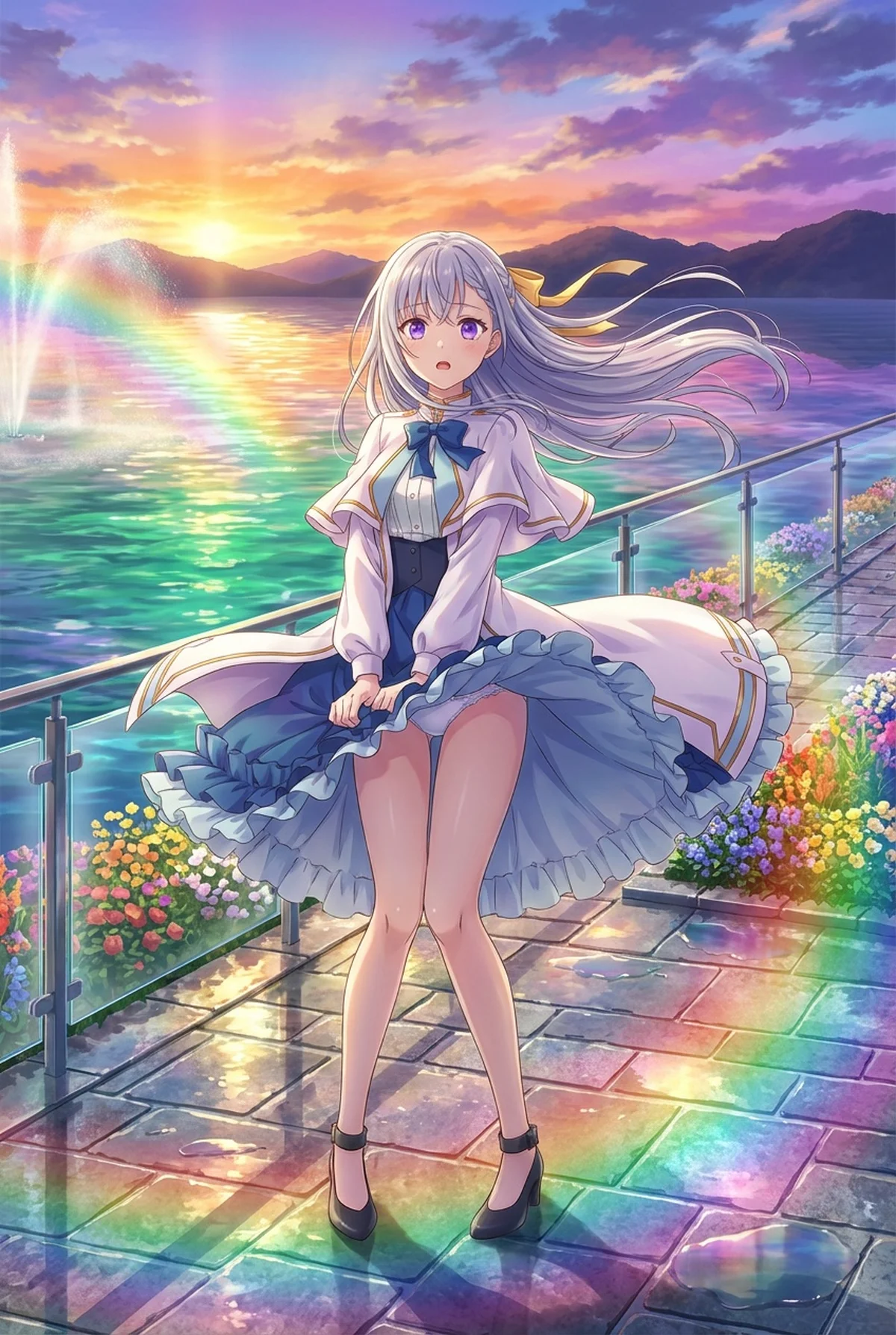 転生王女ユフィリア・マゼンタが、夕焼けに染まる水辺の畔に立つ幻想的なイラスト。噴水から伸びる虹が地面にも映り込み、風に舞い上がるスカートを戸惑いながら抑える姿が印象的です。