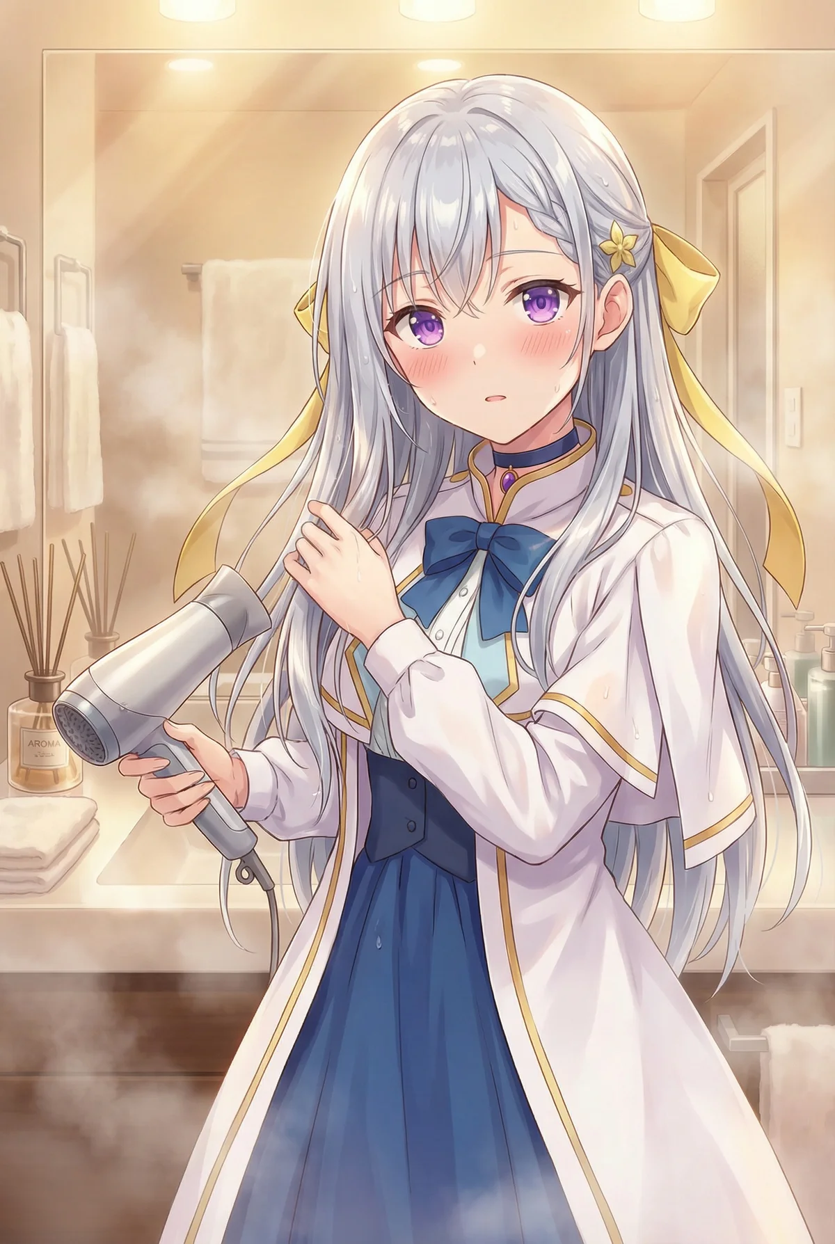 お風呂上がりのユフィリア・マゼンタが、頬を少し染めながら髪をドライヤーで乾かしている様子。湯気が立ち込めるバスルームで、しっとりとした髪を丁寧に手入れする彼女の可愛い一面が垣間見えます。