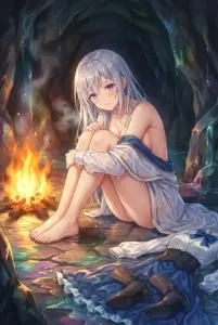 【ユフィリア・マゼンタ】洞窟で暖を取る、濡れた姿