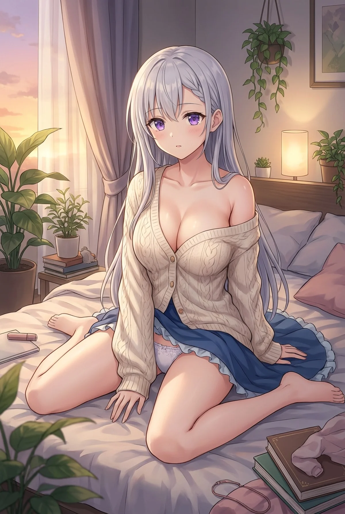 「転生王女と天才令嬢の魔法革命」のユフィリア・マゼンタが、柔らかな朝日に包まれた寝室でくつろぐ姿。ニットカーディガンを羽織り、少し照れたような表情が魅力的です。