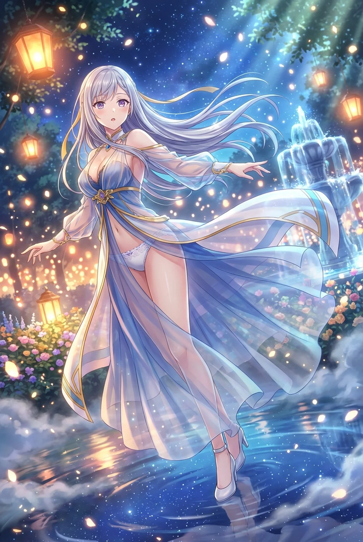 『転生王女と天才令嬢の魔法革命』のユフィリアが、星降る夜の幻想的な庭園に登場。透け感のある青いドレスをまとい、ランタンの光と噴水の輝きの中で水面を歩む神秘的な姿。