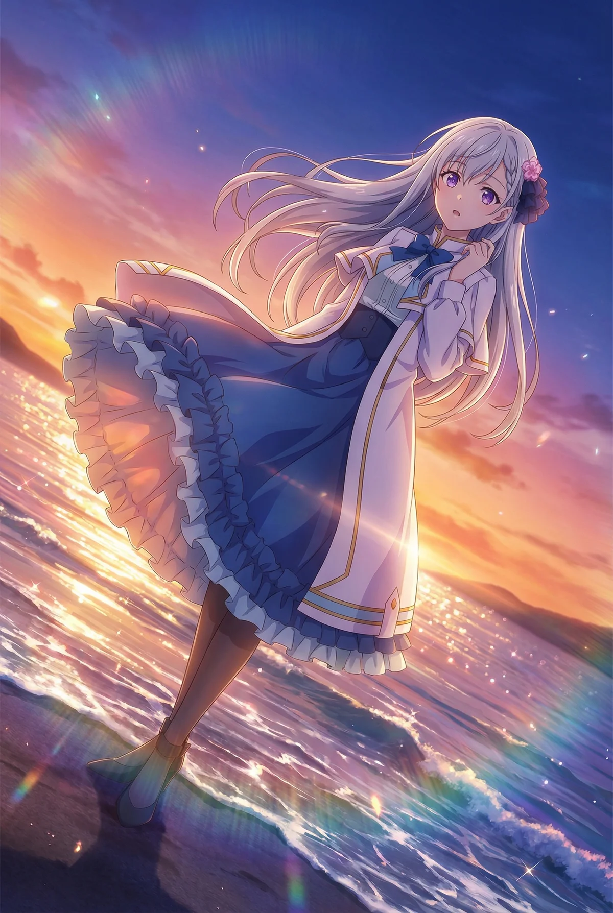 転生王女のユフィリアが、夕焼けに染まる煌めく海辺に佇む美しいイラスト。波打ち際で静かに見つめる姿が、幻想的な雰囲気を醸し出しています。