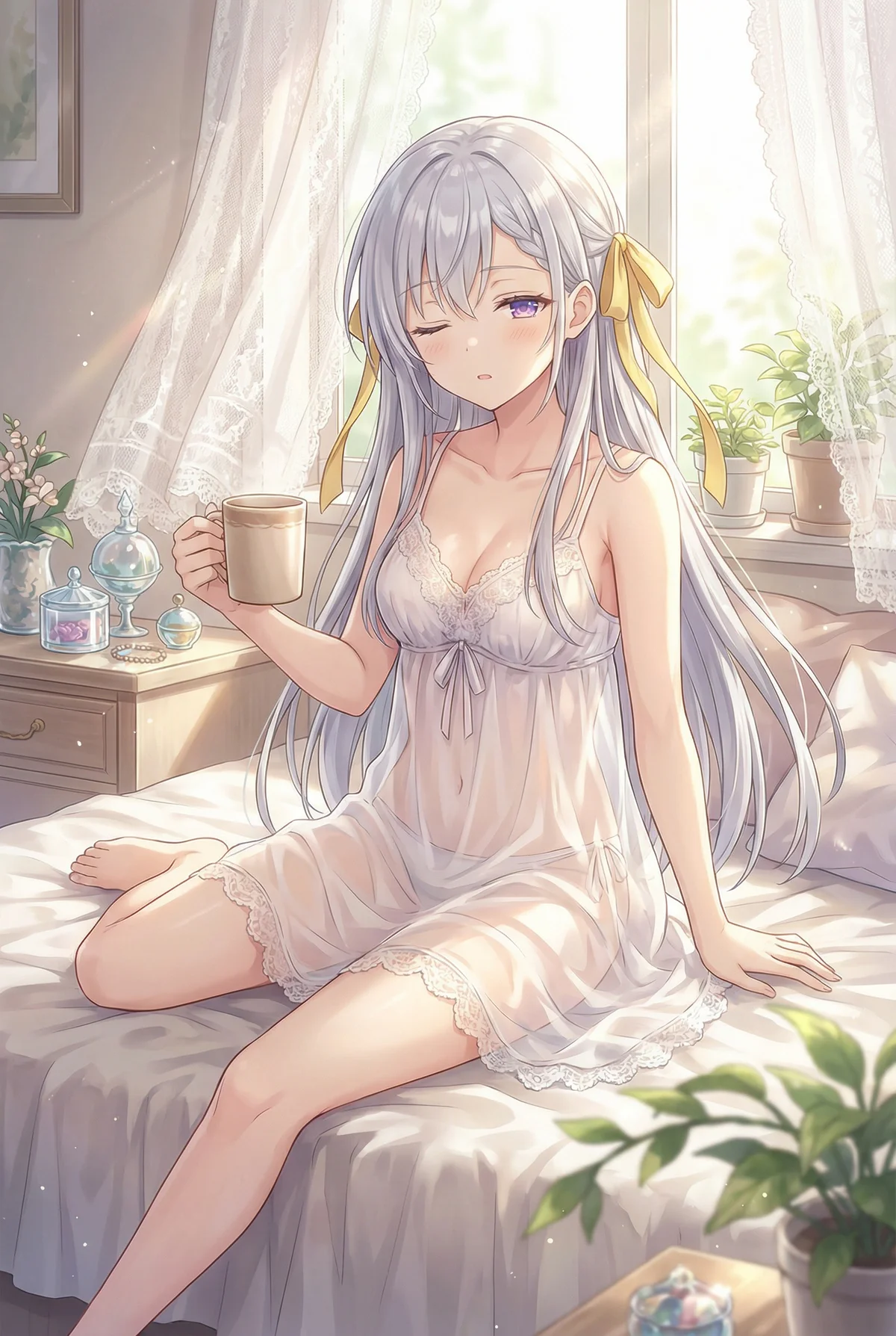朝日が優しく差し込むベッドで、薄手のネグリジェ姿のユフィリア・マゼンタがコーヒーカップを手にまどろむ。穏やかなプライベートなひとときを捉えた、癒やしのイラストです。