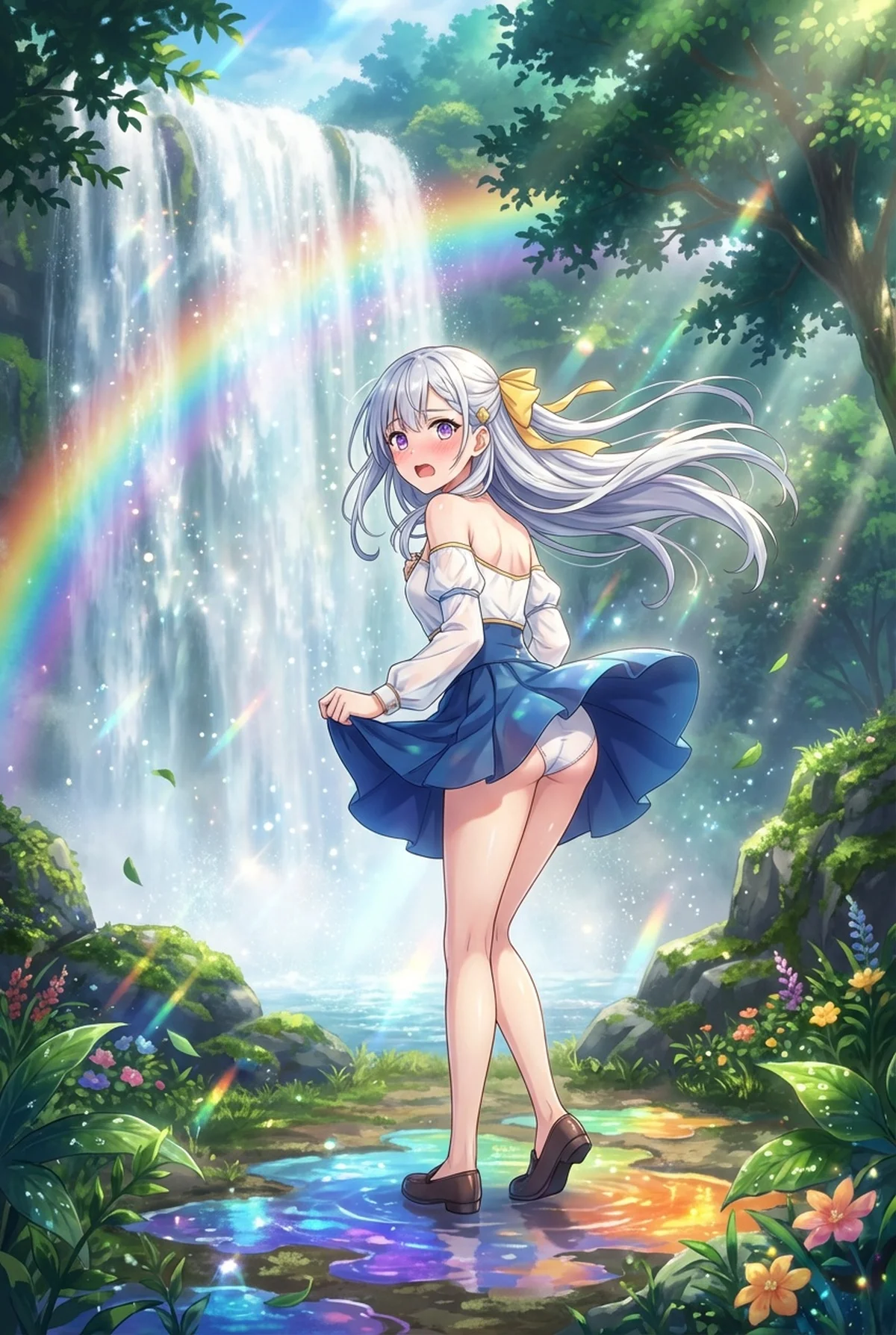 「転生王女と天才令嬢の魔法革命」のユフィリアが、虹がかかる壮大な滝のほとりで、水しぶきに驚きつつも楽しんでいる様子を描いた一枚。スカートを軽く持ち上げる仕草が可愛らしい。