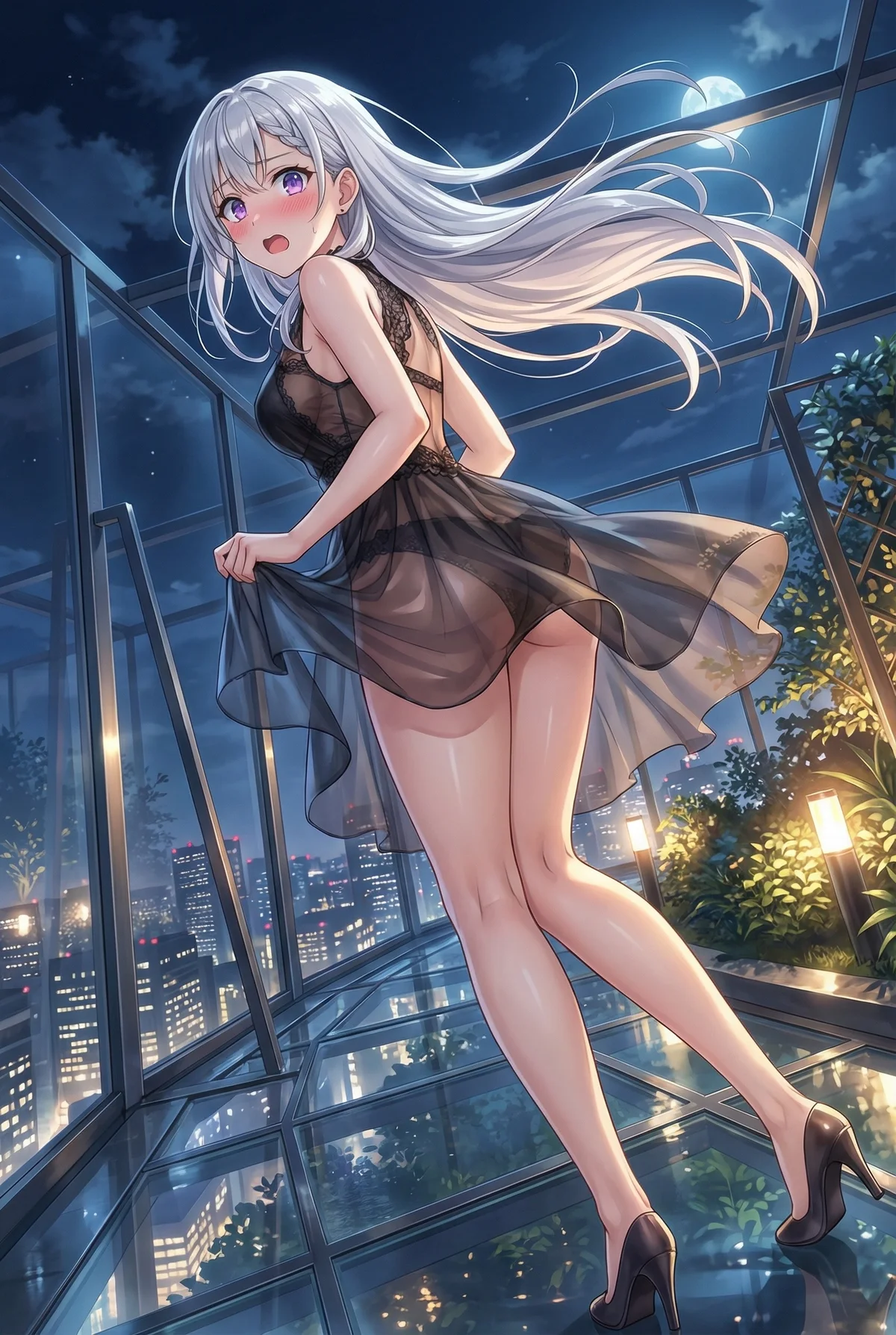 「転生王女と天才令嬢の魔法革命」のユフィリアが、月明かりの下、高層ビルの夜景を背にシースルーの黒いランジェリー姿で佇む。はにかむ表情が魅惑的。