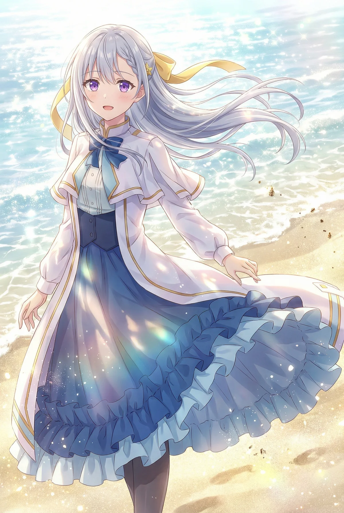 ユフィリアが風になびく銀髪とドレスで輝く海辺に佇む美しいイラスト。波打ち際で少しはにかんだような表情を見せる姿は、まさに魔法のような魅力を放ちます。