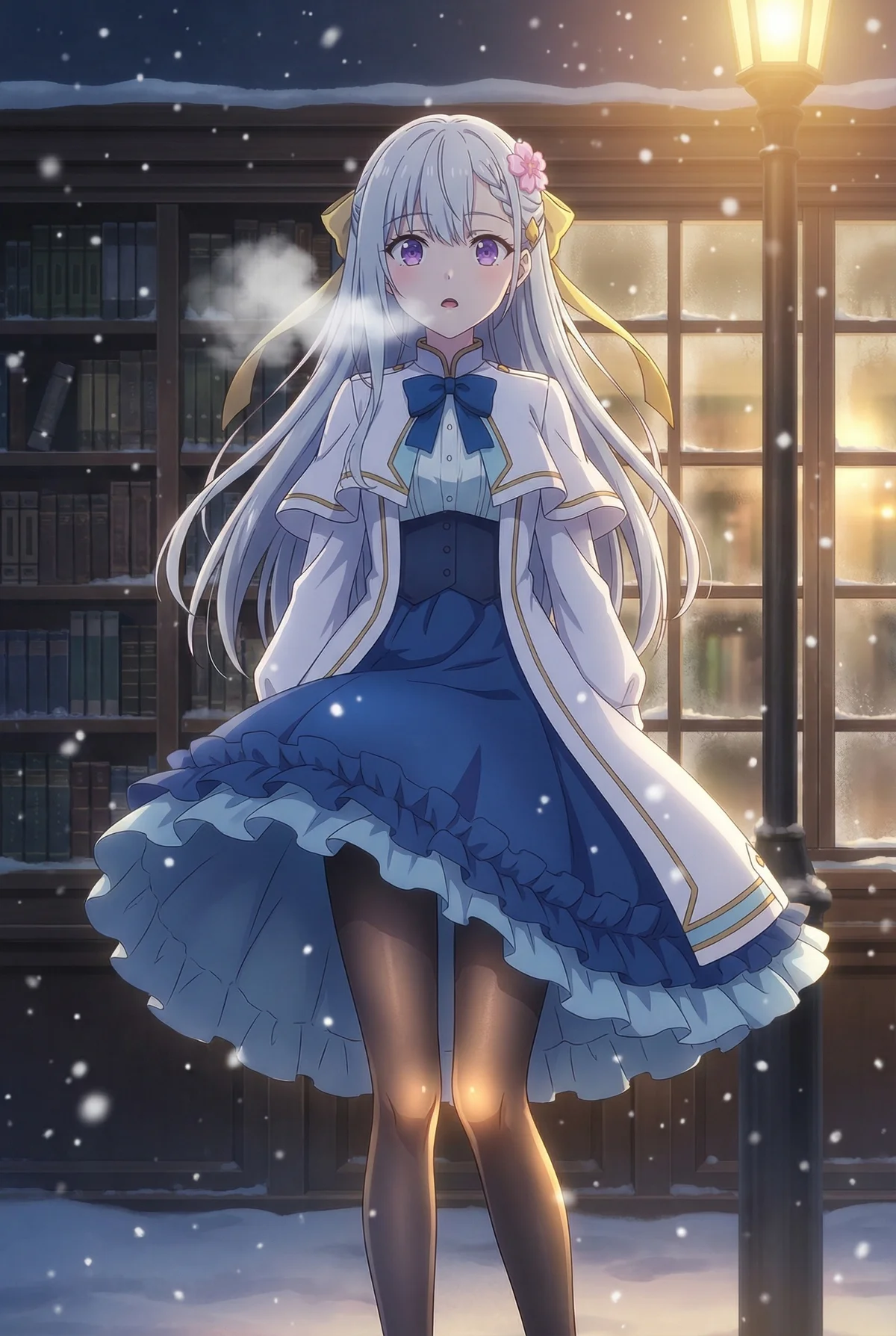 「転生王女と天才令嬢の魔法革命」のユフィリアが、雪が静かに降る冬の夜、図書館らしき建物の前で佇む姿。街灯の暖かな光に照らされ、白い吐息が儚く漂う幻想的なシーンです。
