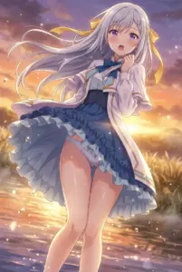 【ユフィリア・マゼンタ】夕焼けの水辺ではにかんで