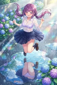 【双見 奈々】雨上がりの水たまりではしゃぐ姿