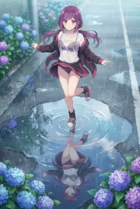 【双見 奈々】紫陽花と雨、水たまりで遊ぶ笑顔