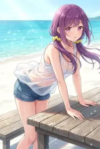 【双見奈々】きらめく海辺と濡れたシャツ