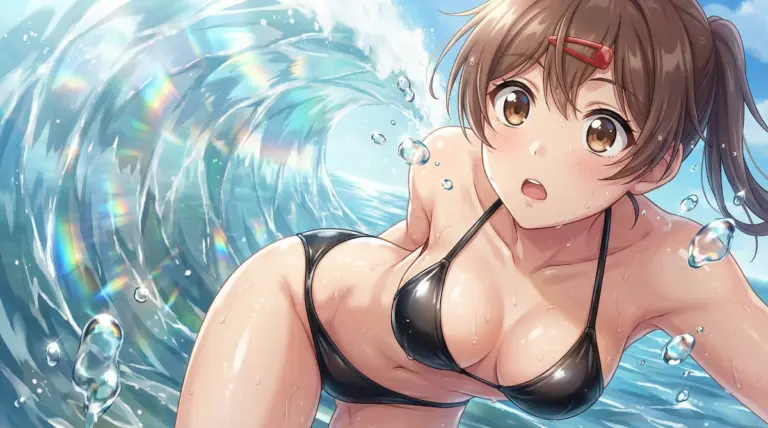 【間 瑞希】真夏の海！煌めく波と黒ビキニ姿