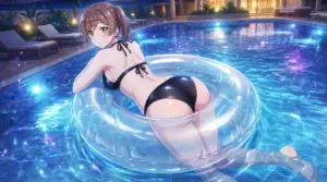 Hazama Mizuki’s Alluring Black Bikini at a Sparkling Night Pool