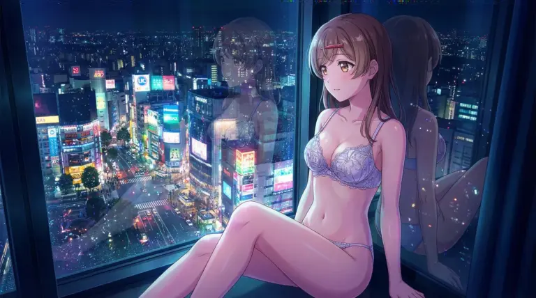 【間 瑞希】煌めく夜景に佇むランジェリー姿