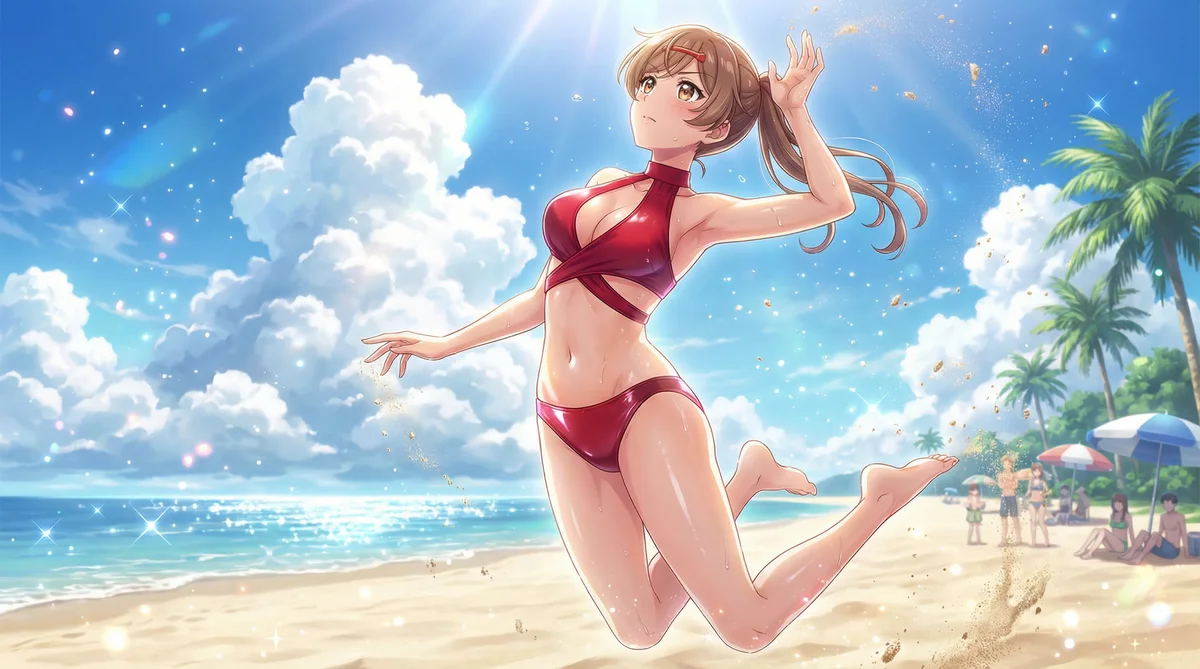 This image features Hazama Mizuki from "A Workplace with Endless Smiles." She's joyfully leaping in a vibrant red bikini on a sun-drenched beach, with sparkling water and a clear blue sky. It perfectly captures a dynamic summer scene.
