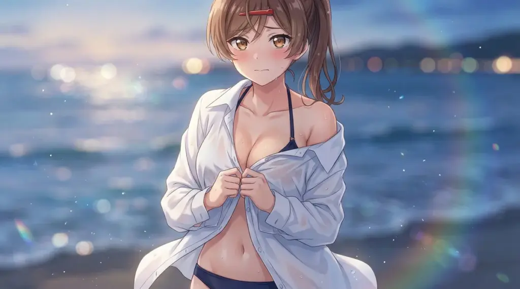 【間 瑞希】夕暮れのビーチで濡れたシャツと水着姿