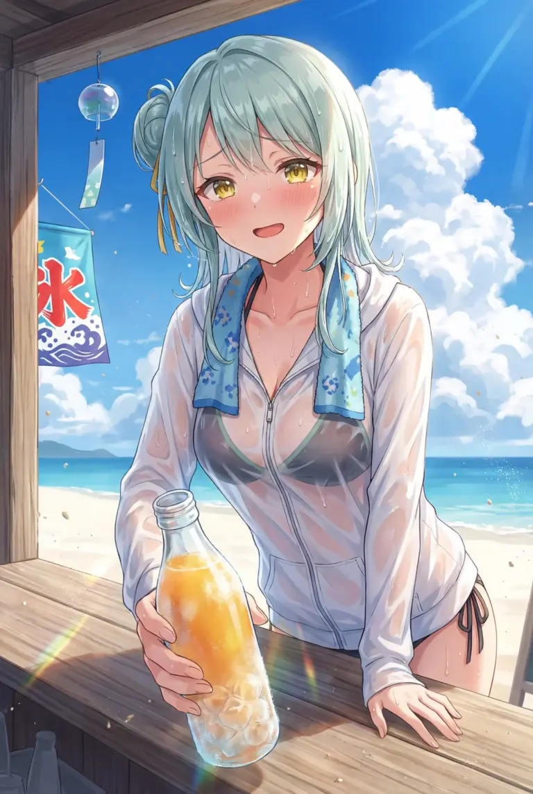 【小柳 香穂】夏の海の家で頬染める香穂ちゃん、冷たい一杯