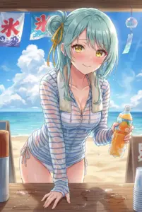 【小柳香穂】夏の海辺で照れる水着パーカー姿