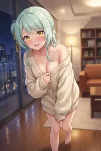 【小柳 香穂】夜景を背に、照れるカーディガン姿