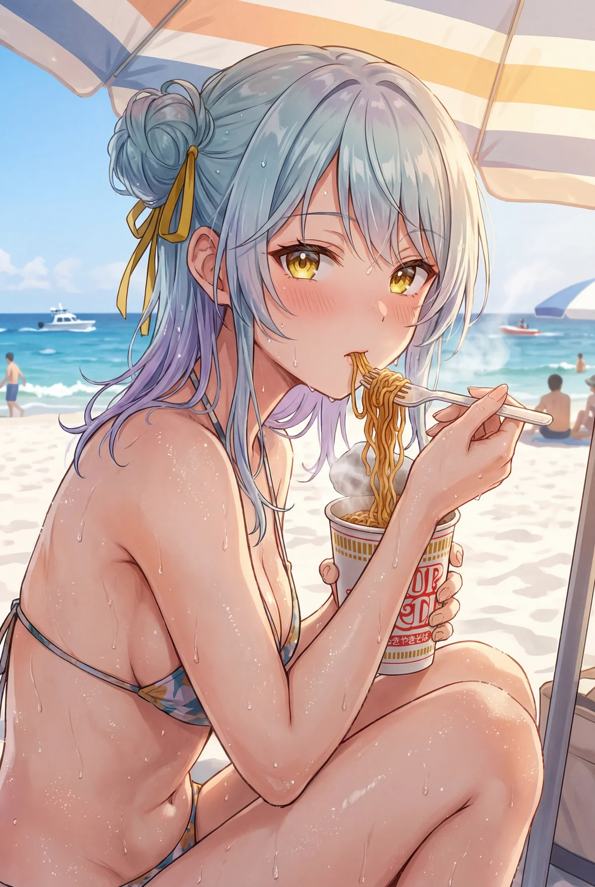 小柳香穂が夏のビーチで水着姿で一休み。パラソンの下、少し汗ばんだ肌で美味しそうにカップ麺を頬張る姿が愛らしい。