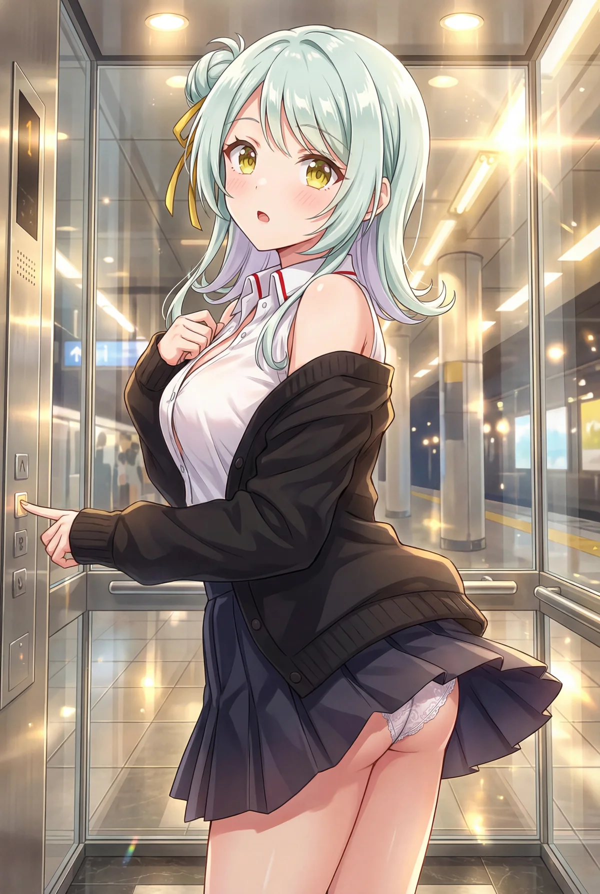 『わたしが恋人になれるわけないじゃん、ムリムリ!』の小柳香穂が駅のエレベーターでボタンを押す姿。不意に振り返った照れた表情と、ふわりと舞うスカートから白いインナーが覗く瞬間がキュート。ドキドキが止まらない一枚です。