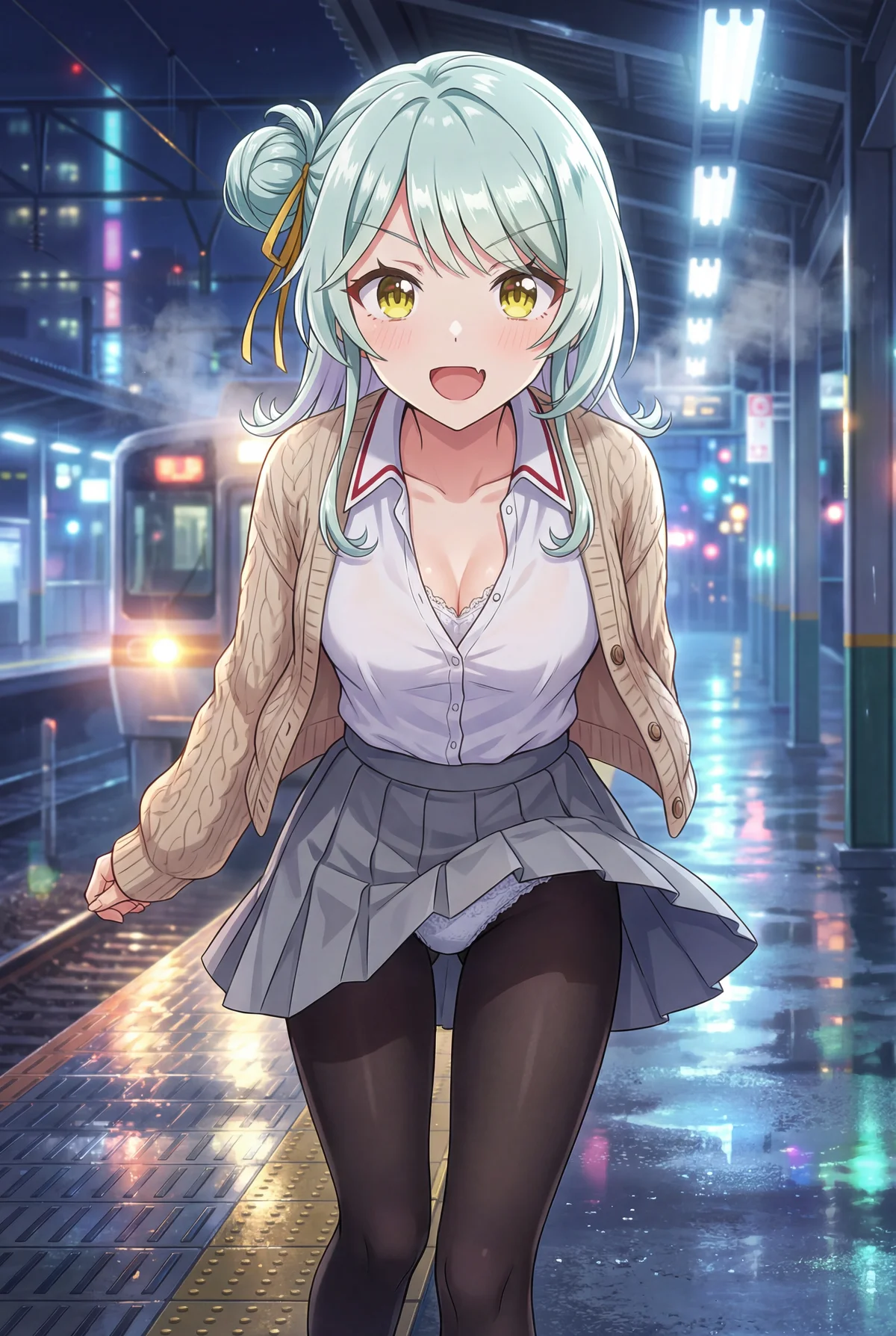 「わたしが恋人になれるわけないじゃん、ムリムリ!」の小柳香穂が、夜の駅のホームで明るく微笑んでいます。スカートが風で少しめくれ、帰り道の無邪気な一瞬が切り取られた魅力的なイラストです。