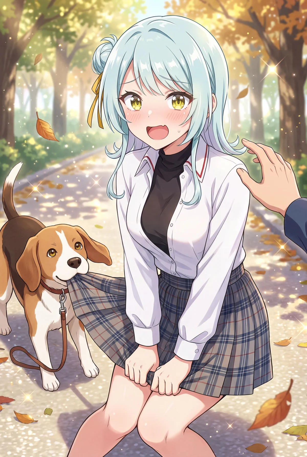 「わたしが恋人になれるわけないじゃん、ムリムリ!」の小柳香穂が、秋の公園で愛犬と散歩中に、思わず照れてスカートを抑える可愛らしい瞬間。恋人との距離が縮まるドキドキのデートシーンです。