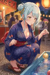 【小柳 香穂】夏祭りではにかむ浴衣姿で水風船釣り