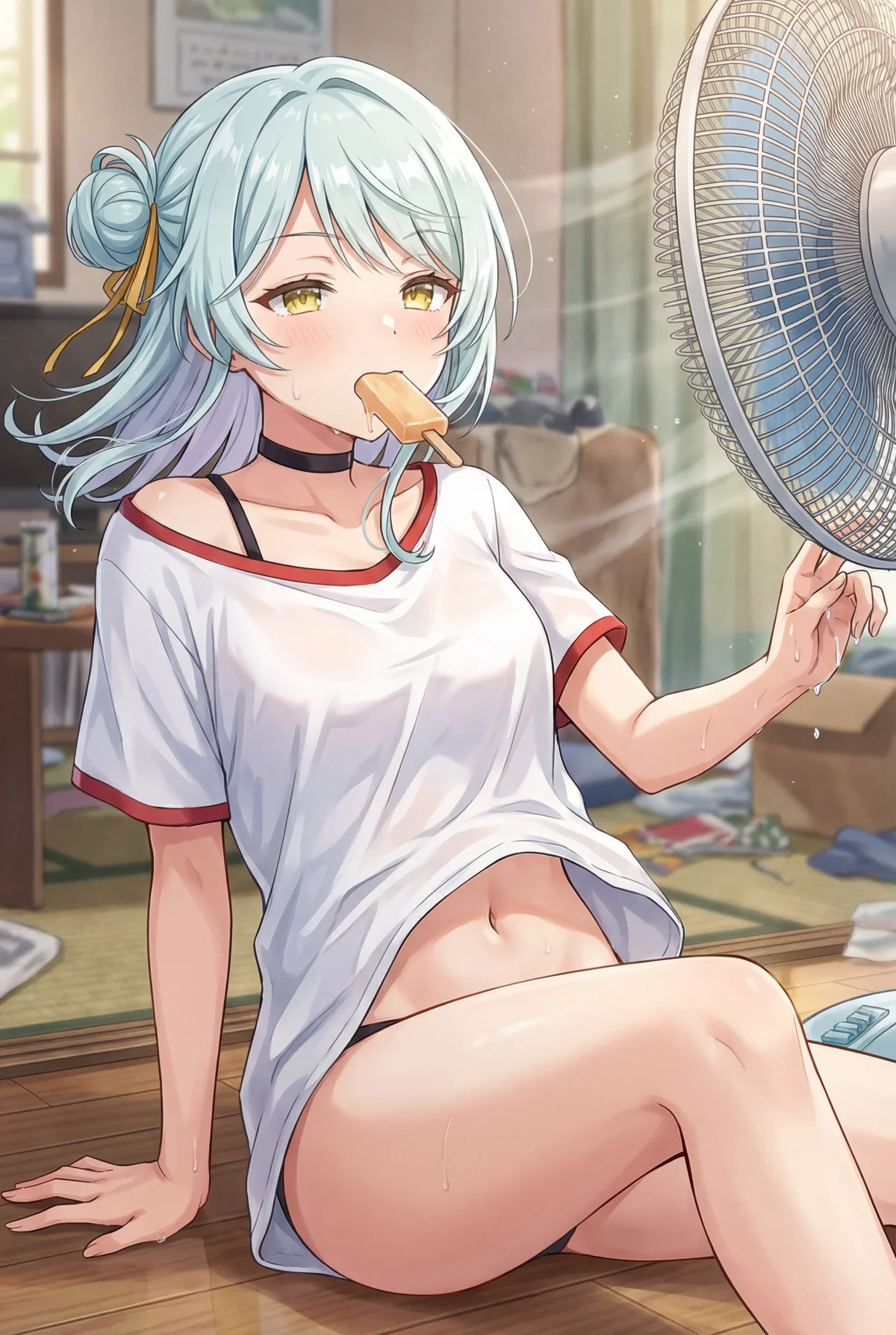 Kaho Koyanagi from "Watamuri" on a hot summer day, cooling down with a melting popsicle and a fan.