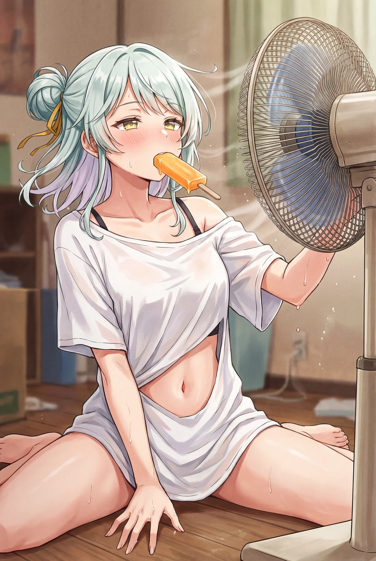 「わたしが恋人になれるわけないじゃん、ムリムリ!」の小柳香穂が、暑い夏の日に扇風機の風を浴びながら冷たいアイスキャンディーを味わう姿。汗をかきながらも、涼しげな表情が魅力的な一枚です。