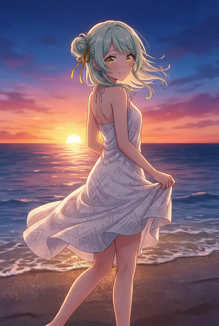 【小柳 香穂】夕暮れのビーチ、優雅なワンピース姿