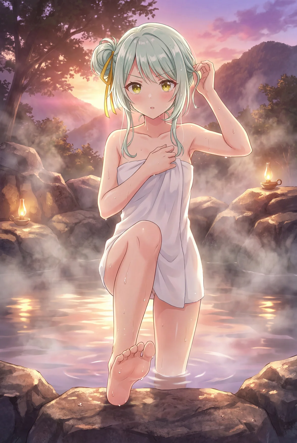 小柳香穂が夕焼けに染まる露天風呂で、湯けむりに包まれながら照れた表情で湯浴みする様子。普段の活発さとは違う、可憐な一面が垣間見えます。