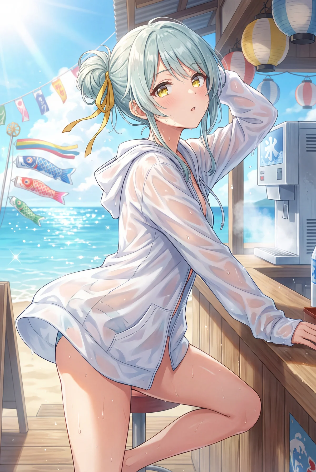 「わたしが恋人になれるわけないじゃん、ムリムリ!」の小柳香穂が、真夏の海の家で濡れた白いパーカーを羽織り、頬を赤らめてこちらを見つめます。水滴がしたたる姿が、夏の魅力を一層引き立てます。