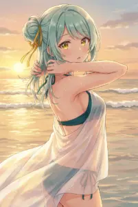 【小柳 香穂】夏の夕暮れ、海辺で振り返る香穂