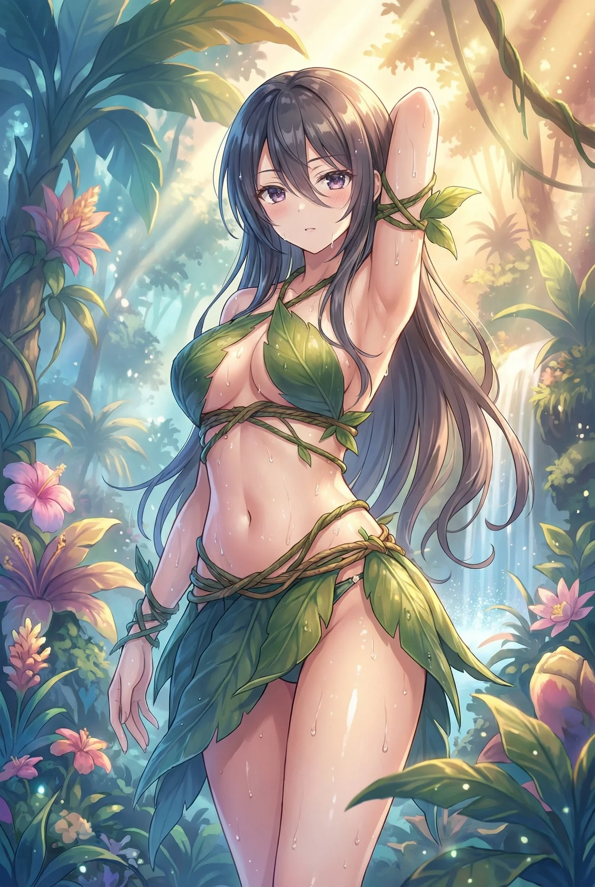 Ayano Kimijima from 'Alya-san' in a lush jungle, wearing a leaf outfit. Her shy expression and dewy skin create a captivating, mystical scene.
