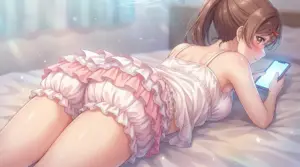 Ma Mizuki Relaxing on Bed, Scrolling Phone in Frilly Nightwear