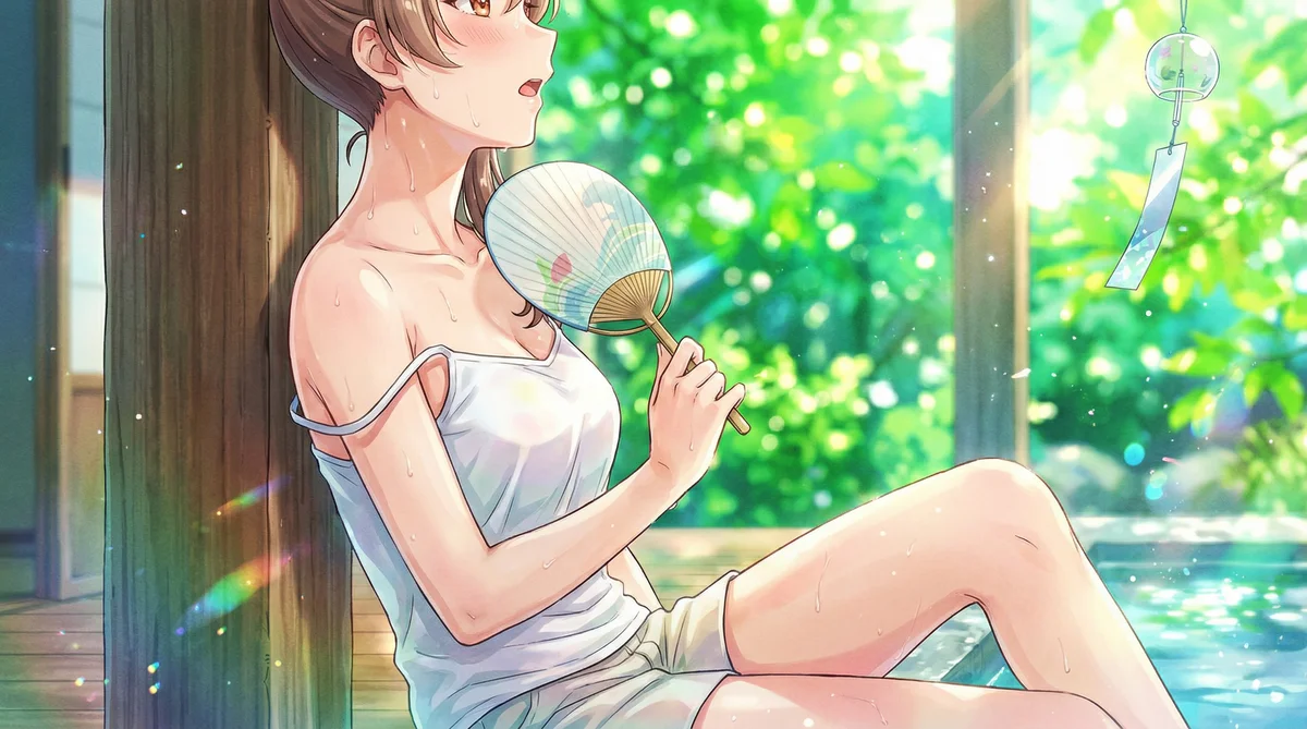 『笑顔のたえない職場です。』の間 瑞希が、夏の縁側でうちわを片手に涼んでいます。汗ばむ肌に風鈴の音が心地よく響く、日本の夏らしい情景です。