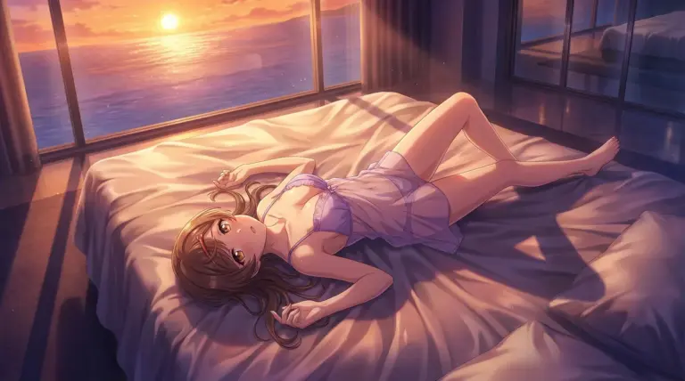 【間 瑞希】夕焼けの海を望む寝室で、ナイトガウン姿