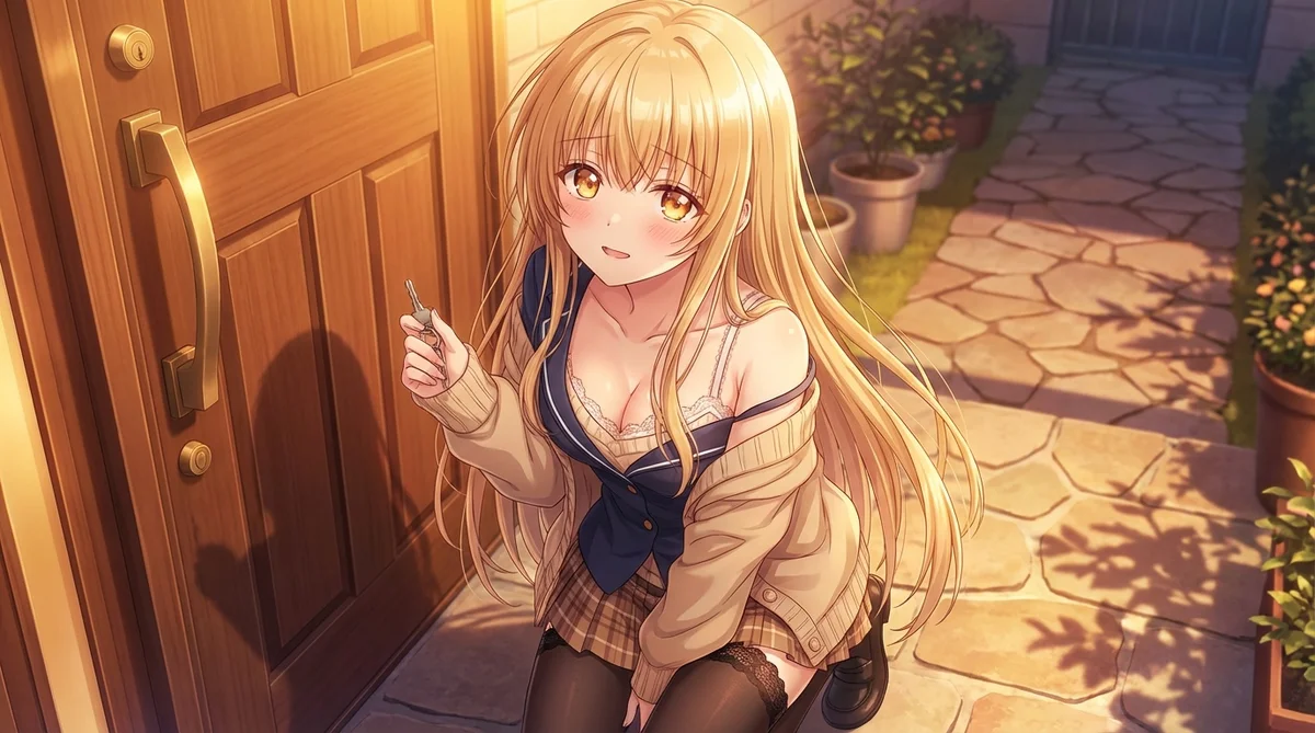 Mahiru Shiina from "The Angel Next Door Spoils Me Rotten" offers a warm welcome home. She stands at the golden-lit entrance, key in hand, with a gentle smile in her charming school-style outfit.