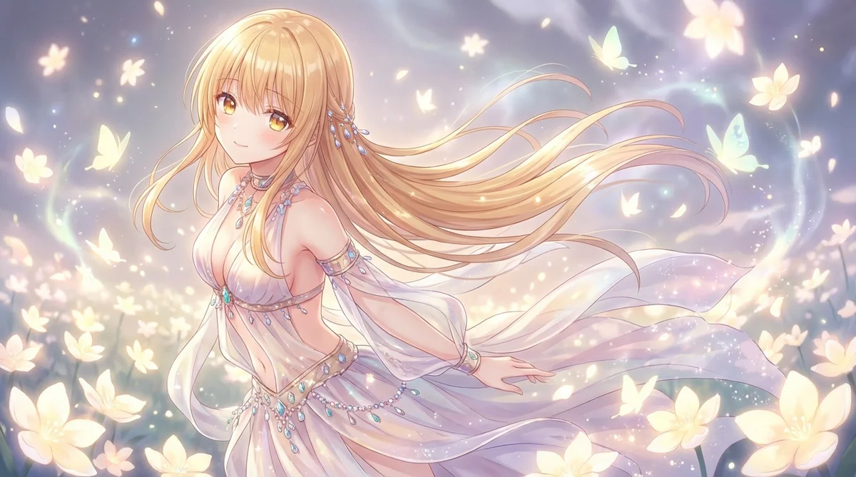This beautiful illustration features Mahiru Shiina from "The Angel Next Door Spoils Me Rotten," radiating angelic charm in a field of glowing blossoms. Her light dress and golden hair softly sway, capturing a truly magical moment.