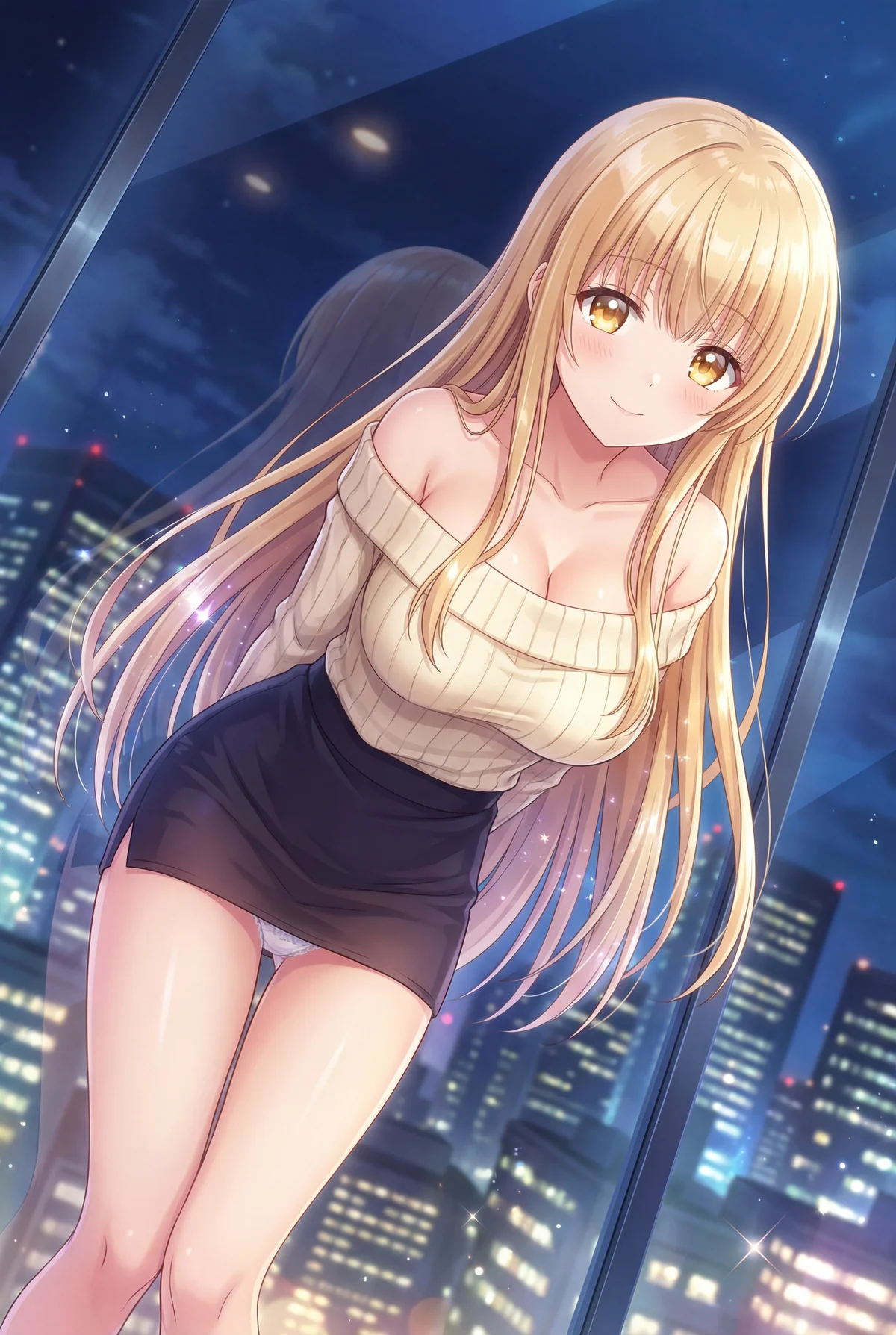 椎名真昼が、美しい夜景を背景にオフショルダーニットとミニスカート姿で登場。はにかんだような笑顔と上目遣いが、見る者の心を惹きつけます。都会のきらめく光が、彼女の可憐な魅力を一層際立たせる、ドキドキするような一枚です。